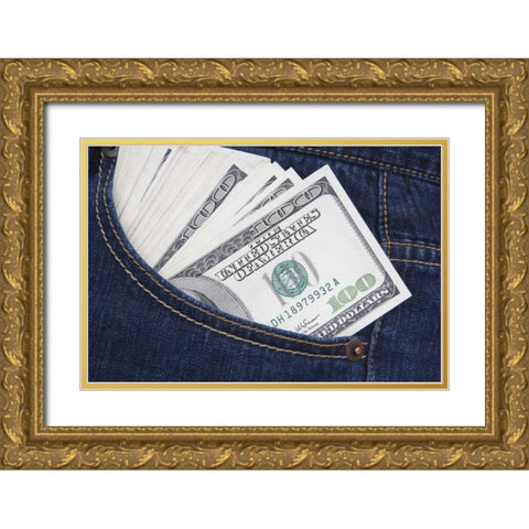 Some US $100 bills in a jeans pocket Gold Ornate Wood Framed Art Print with Double Matting by Flaherty, Dennis