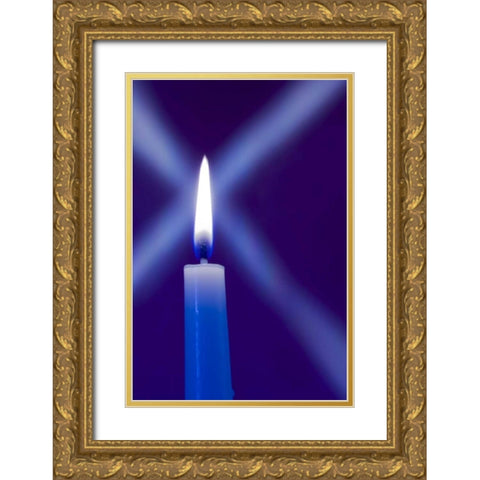 Burning candle with star burst on blue background Gold Ornate Wood Framed Art Print with Double Matting by Kaveney, Wendy