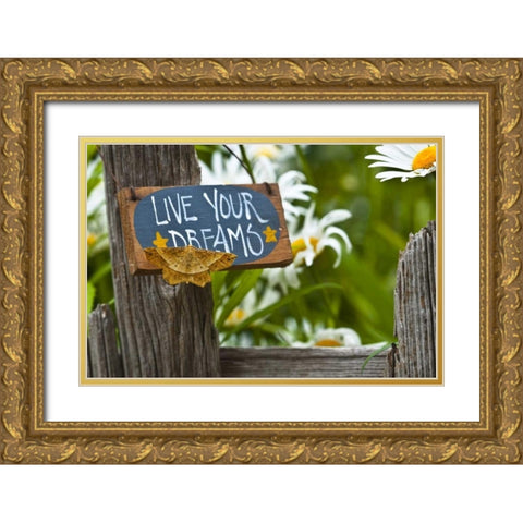 Moth on garden sign with daisies in background Gold Ornate Wood Framed Art Print with Double Matting by Rotenberg, Nancy