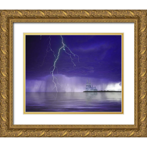 Gantasy cathedral, lightning and water Gold Ornate Wood Framed Art Print with Double Matting by Zuckerman, Jim