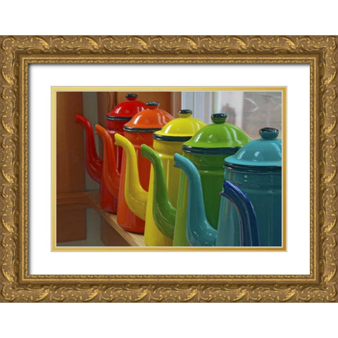 Coffee pots in orderly row on window sill Gold Ornate Wood Framed Art Print with Double Matting by Terrill, Steve