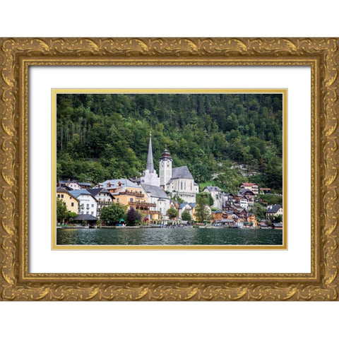 Austria-Hallstatt-Town of Hallstatt as seen from Lake Hallstatt  Gold Ornate Wood Framed Art Print with Double Matting by Looney, Hollice