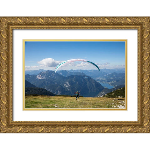 Austria-Dachstein-Paragliders as they prepare to take off above Lake Hallstatt Gold Ornate Wood Framed Art Print with Double Matting by Looney, Hollice
