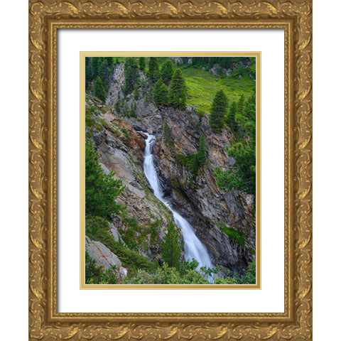 Waterfall Rotmooswasserfall in the Otztal Alps in the Naturepark Otztal. Europe- Austria- Tyrol Gold Ornate Wood Framed Art Print with Double Matting by Zwick, Martin