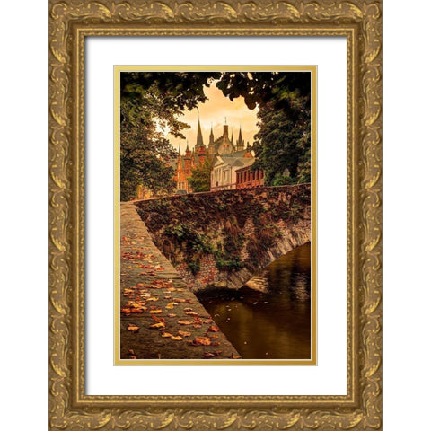 Fall leaf strewn bridge over a canal in Bruges-Belgium Gold Ornate Wood Framed Art Print with Double Matting by Steve Mohlenkamp