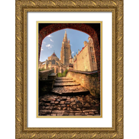 An arch leads to a church in Bruges-Belgium Gold Ornate Wood Framed Art Print with Double Matting by Steve Mohlenkamp