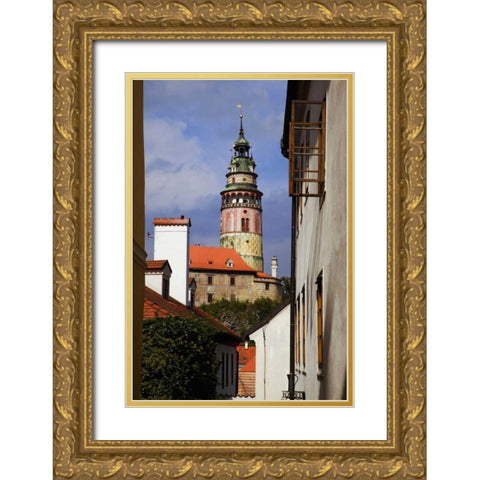 Czech Republic, Cesky Krumlov and Chateau tower Gold Ornate Wood Framed Art Print with Double Matting by Flaherty, Dennis