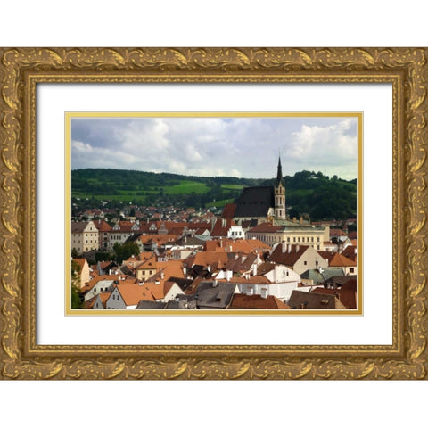 Czech Republic, Cesky Krumlov Town and hills Gold Ornate Wood Framed Art Print with Double Matting by Flaherty, Dennis