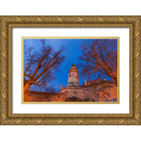 Europe-Czech Republic-Cesky Krumlov-Castle and trees at sunset Gold Ornate Wood Framed Art Print with Double Matting by Jaynes Gallery