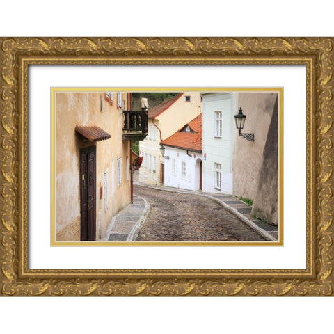 Europe-Czech Republic-Prague-Houses on cobblestone street Gold Ornate Wood Framed Art Print with Double Matting by Jaynes Gallery