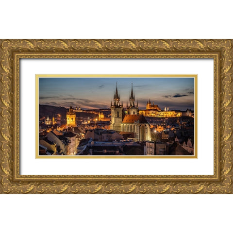 Europe-Czech Republic-Prague-Panoramic overview of city at sunset Gold Ornate Wood Framed Art Print with Double Matting by Jaynes Gallery