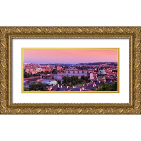 Europe-Czech Republic-Prague-Panoramic overview of Vltava River and bridges Gold Ornate Wood Framed Art Print with Double Matting by Jaynes Gallery