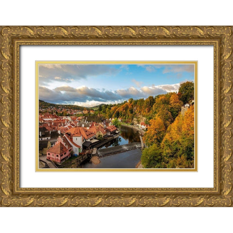 Looking down onto the village of Cesky Krumlov-Czech Republic Gold Ornate Wood Framed Art Print with Double Matting by Haney, Chuck