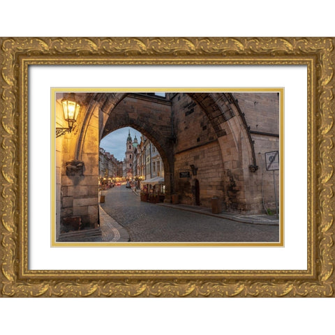 Arch of Lesser Town Bridge Tower on Charles Bridge with St Nicholas Church in Prague-Czech Republic Gold Ornate Wood Framed Art Print with Double Matting by Haney, Chuck