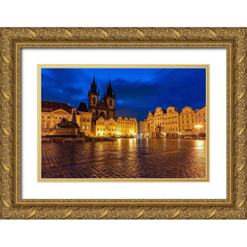 Tyn Church at dawn on wet cobblestones in Old Town Square in Prague-Czech Republic Gold Ornate Wood Framed Art Print with Double Matting by Haney, Chuck