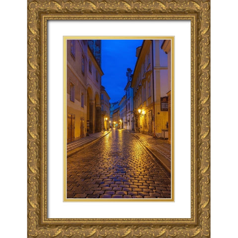 Narrow wet cobblestone streets in Old Town in Prague-Czech Republic Gold Ornate Wood Framed Art Print with Double Matting by Haney, Chuck