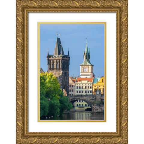 Prague-Czech Republic-Charles bridge and bridge tower Gold Ornate Wood Framed Art Print with Double Matting by Haseltine, Tom
