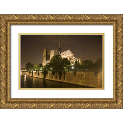 France, Paris Notre Dame Cathedral lit at night Gold Ornate Wood Framed Art Print with Double Matting by Zuckerman, Jim