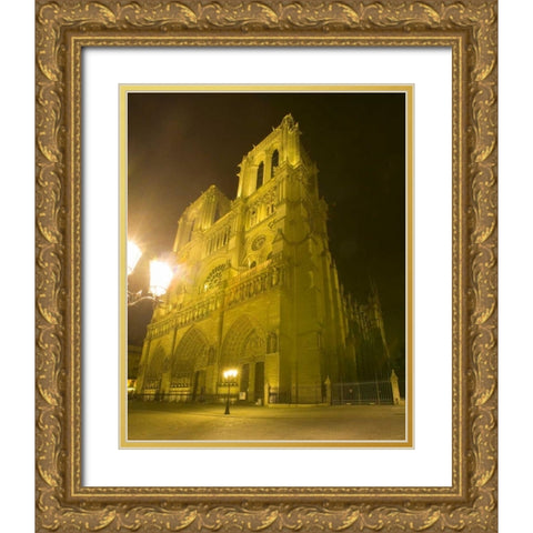 France, Paris Notre Dame Cathedral lit at night Gold Ornate Wood Framed Art Print with Double Matting by Zuckerman, Jim