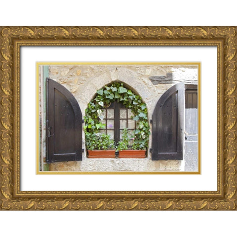 France, Provence, Vence Window and shutters Gold Ornate Wood Framed Art Print with Double Matting by Lord, Fred