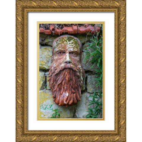 France-Giverny Stone face hanging on a stone wall  Gold Ornate Wood Framed Art Print with Double Matting by Jaynes Gallery