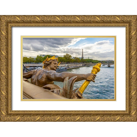 Paris. Nymphes de la Seine statue on Pont Alexandre III- along River Seine. Distant Eiffel Tower. Gold Ornate Wood Framed Art Print with Double Matting by Wilson, Emily M.