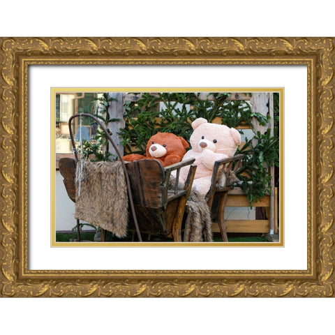 Colmar-France Old town Colmar adorned with Christmas decoration Cozy teddy bears in old wood sleigh Gold Ornate Wood Framed Art Print with Double Matting by McRoberts, Julien