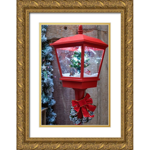 Strasbourg-France Christmas red lamp post with blowing snow inside Gold Ornate Wood Framed Art Print with Double Matting by McRoberts, Julien