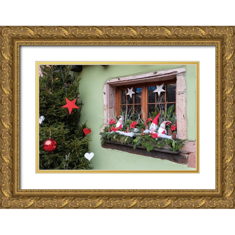 Riquewihr-France Village established 1400s in Alsace Region Window decorated Christmas ornaments Gold Ornate Wood Framed Art Print with Double Matting by McRoberts, Julien