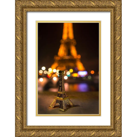 A souvenir Eiffel Tower on the wall of the Seine River across from the real thing Gold Ornate Wood Framed Art Print with Double Matting by Steve Mohlenkamp