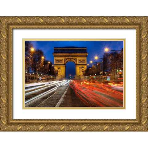 Traffic passes the Arch de Triumph on the Champs Elysee in Paris-France Gold Ornate Wood Framed Art Print with Double Matting by Steve Mohlenkamp
