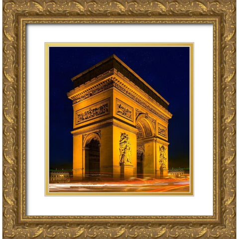 Traffic passes the Arch de Triumph on the Champs Elysee in Paris-France Gold Ornate Wood Framed Art Print with Double Matting by Steve Mohlenkamp