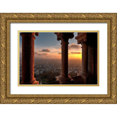 Sunset in Paris-France from the screecher with distant Eiffel Tower Gold Ornate Wood Framed Art Print with Double Matting by Steve Mohlenkamp