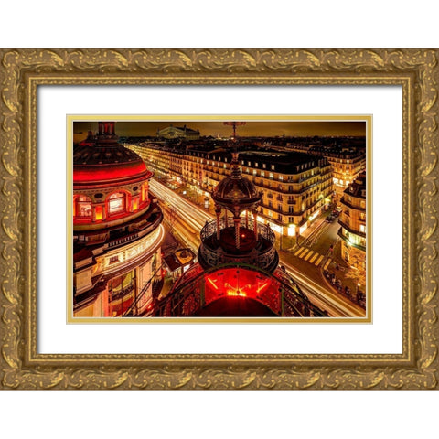 Night time Paris skyline from balcony Gold Ornate Wood Framed Art Print with Double Matting by Steve Mohlenkamp
