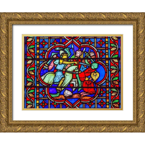 Knights Fighting Swords Horses Battle War stained glass-Notre Dame Cathedral-Paris-France  Gold Ornate Wood Framed Art Print with Double Matting by Perry, William