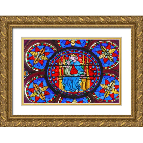 Virgin Mary-Jesus Christ stained glass-Notre Dame Cathedral-Paris-France  Gold Ornate Wood Framed Art Print with Double Matting by Perry, William