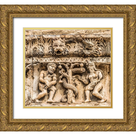Adam and Eve facade- Nimes Cathedral- Gard- France. Created 1100 AD. Gold Ornate Wood Framed Art Print with Double Matting by Perry, William