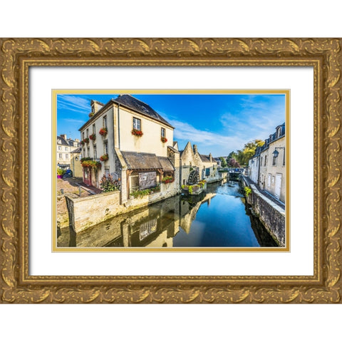 Colorful old buildings- Aure River reflection- Bayeux- Normandy- France Gold Ornate Wood Framed Art Print with Double Matting by Perry, William
