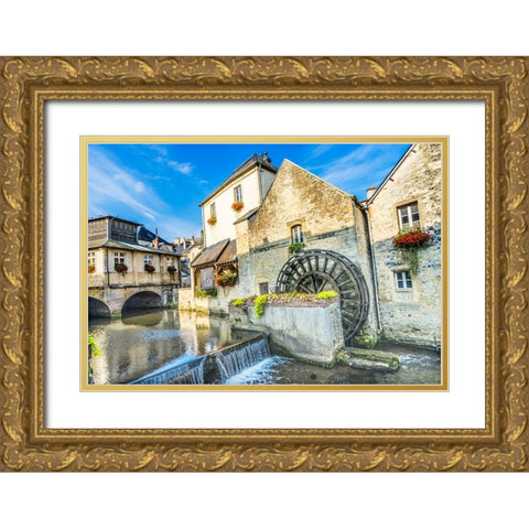 Colorful old buildings- Aure River reflection- Bayeux- Normandy- France Gold Ornate Wood Framed Art Print with Double Matting by Perry, William