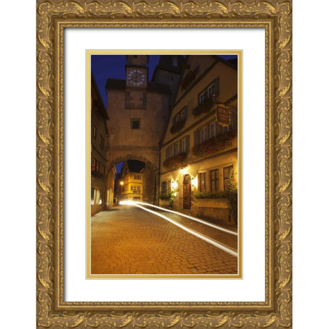 Germany, Rothenburg Night street scene Gold Ornate Wood Framed Art Print with Double Matting by Flaherty, Dennis