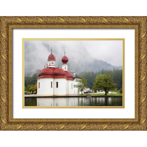 Germany, Lake Konigssee St Bartholomews Church Gold Ornate Wood Framed Art Print with Double Matting by Flaherty, Dennis