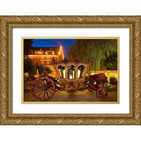Germany-Lindau Island-Lake Constance Victorian ornate carriage in front of hotel at night Gold Ornate Wood Framed Art Print with Double Matting by Jaynes Gallery