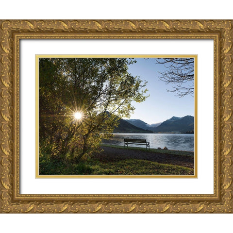 Sunrise at lake and village Schliersee in the Bavarian Alps during autumn-Bavaria-Germany Gold Ornate Wood Framed Art Print with Double Matting by Zwick, Martin