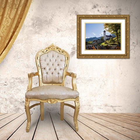 Church St-Johannes der Taufer-John the Baptist-Village Grainau near Garmisch-Partenkirchen and moun Gold Ornate Wood Framed Art Print with Double Matting by Zwick, Martin