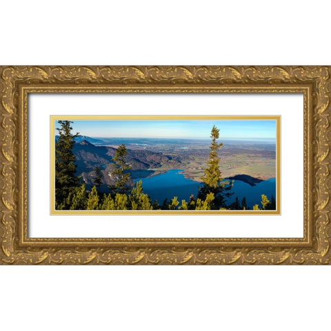 View from Mt-Jochberg near lake Walchensee towards lake Kochelsee and the foothills of the Bavarian Gold Ornate Wood Framed Art Print with Double Matting by Zwick, Martin