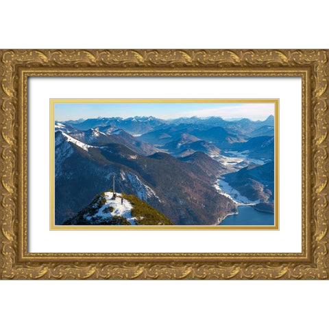 View towards Jachenau and Karwendel mountain range-View from Mt-Herzogstand near lake Walchensee-Ge Gold Ornate Wood Framed Art Print with Double Matting by Zwick, Martin