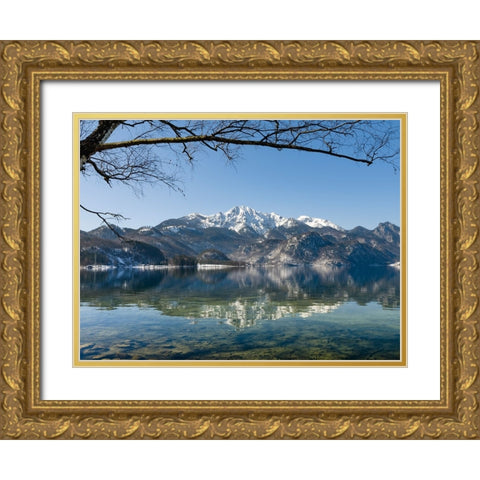 Lake Kochelsee at village Kochel am See during winter in the Bavarian Alps-Mt-Herzogstand in the ba Gold Ornate Wood Framed Art Print with Double Matting by Zwick, Martin