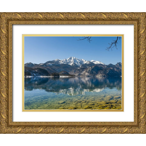 Lake Kochelsee at village Kochel am See during winter in the Bavarian Alps-Mt-Herzogstand in the ba Gold Ornate Wood Framed Art Print with Double Matting by Zwick, Martin