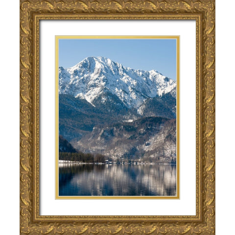 Lake Kochelsee at village Kochel am See during winter in the Bavarian Alps-Mt-Herzogstand in the ba Gold Ornate Wood Framed Art Print with Double Matting by Zwick, Martin