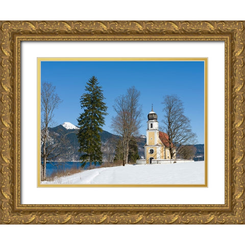 Church Sankt Margareth at Zwergern Spitz-Lake Walchensee near village Einsiedl in the snowy Bavaria Gold Ornate Wood Framed Art Print with Double Matting by Zwick, Martin